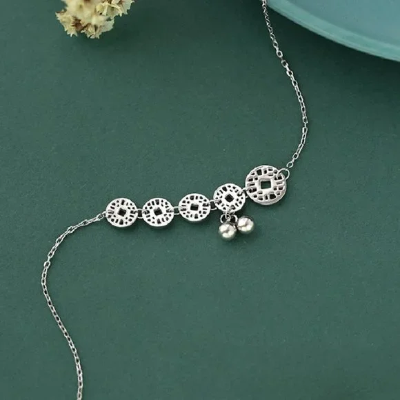 "925 Silver Plated Round Coin Dangle Tassel Anklet, - Picture 2 of 7